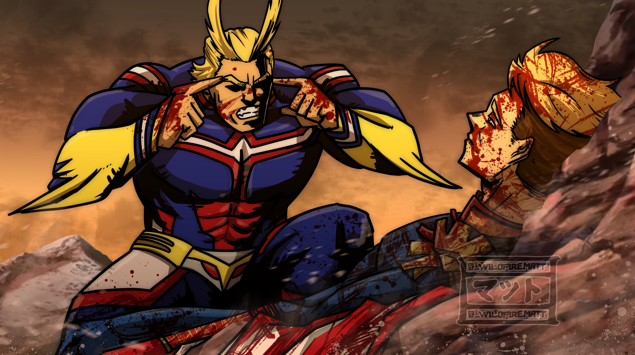 2boys after_battle all_might antenna_hair artist_name belt blonde_hair blood blood_in_hair blood_on_clothes blood_on_face blood_on_hands blood_on_neck blue_bodysuit bodysuit boku_no_hero_academia brown_sky cape clenched_teeth commentary commission derivative_work dust english_commentary epaulettes furrowed_brow hair_slicked_back highres homelander invincible_(series) looking_at_another lying male_focus meme mixed-language_text mountain multicolored_bodysuit multiple_boys muscular muscular_male on_one_knee red_cape screenshot_redraw superhero_costume teeth the_boys thick_eyebrows think_mark_think!_(meme) two-tone_cape undercut v-shaped_eyebrows watermark wildfirematt yellow_belt