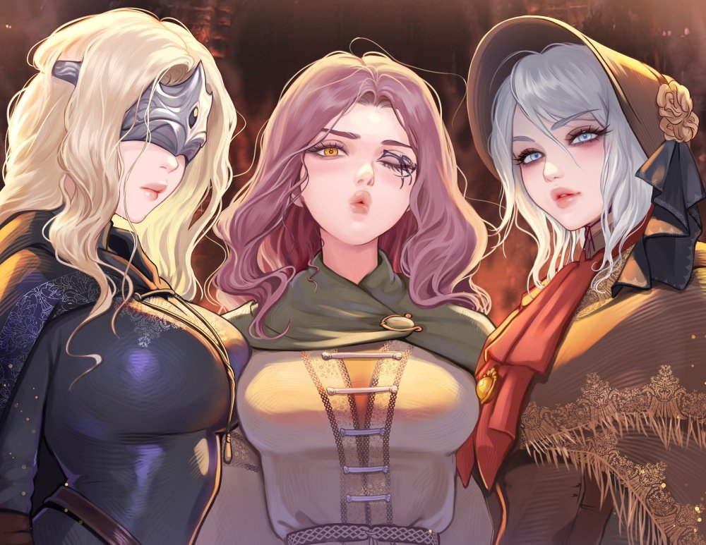 3girls apu_spills_his_tendies_(meme) ascot black_cape blonde_hair bloodborne bonnet breasts brown_hair brown_hat cape cloak closed_mouth commentary company_connection dark_souls_(series) dark_souls_iii dress elden_ring english_commentary facial_tattoo fire_keeper flower fromsoftware green_cape grey_dress grey_eyes grey_hair hat hood hooded_cloak large_breasts long_hair looking_at_viewer medium_hair melina_(elden_ring) meme multiple_girls one_eye_closed plain_doll prywinko red_ascot short_hair tattoo tears teeth upper_body yellow_eyes