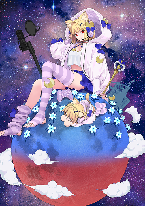 2girls animal_ears arcueid_brunestud arm_support asymmetrical_legwear blue_bow blue_flower blue_skirt bow breasts cat_ears cat_girl chibi closed_mouth cloud controller creature crescent crop_top crop_top_overhang dual_persona fate/grand_order fate_(series) fingerless_gloves flower full_body game_cg game_controller gloves hair_ornament halterneck hand_on_headphones headphones headset holding holding_wand hood hood_up hooded_jacket implied_extra_ears jacket knee_up looking_at_viewer loose_socks medium_breasts microphone microphone_stand midriff miniskirt moon multiple_girls neco-arc neco_spirit official_art open_clothes open_jacket phantas-moon phantas-moon_(second_ascension) pink_jacket pop_filter purple_gloves purple_thighhighs shirt short_hair single_hair_intake sitting skirt smile socks solo_focus star_(sky) starry_sky_background stirrup_legwear striped_clothes striped_gloves striped_thighhighs takenashi_eri thighhighs third-party_source toeless_legwear toes uneven_legwear unzipped variant_set wand white_flower white_shirt x_hair_ornament zipper