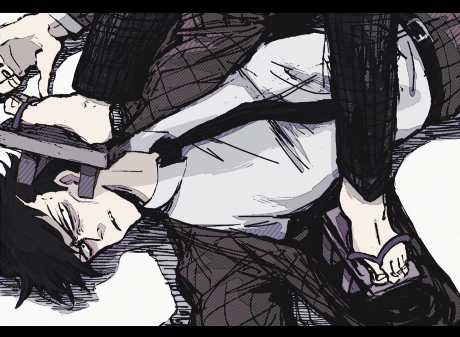 2boys black_necktie cheek_bulge clenched_teeth coat foot_on_another&#039;s_face foot_on_head frown geta jacket looking_at_viewer lying male_focus man_born_in_the_year_of_the_rat_(osomatsu-kun) moge_(moge_morgen) multiple_boys necktie on_back open_clothes open_jacket osomatsu-kun osomatsu_(series) pants plaid_clothes plaid_coat plaid_jacket plaid_pants stepped_on teeth tengu-geta tougou_(osomatsu-kun)