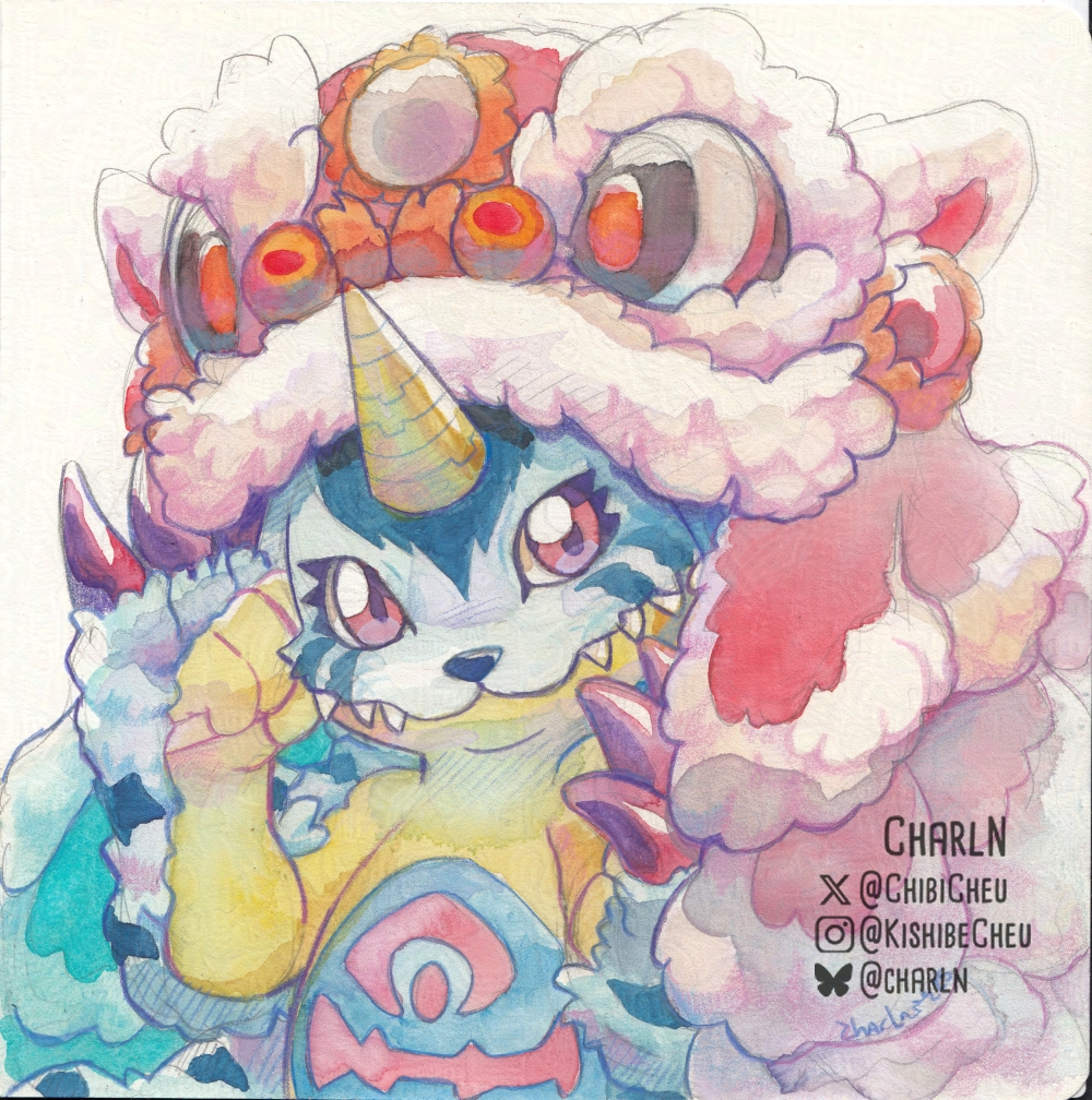blue_fur chibicheu digimon digimon_(creature) gabumon horns red_eyes sharp_teeth simple_background single_horn solo teeth twitter_username upper_body white_background yellow_scales