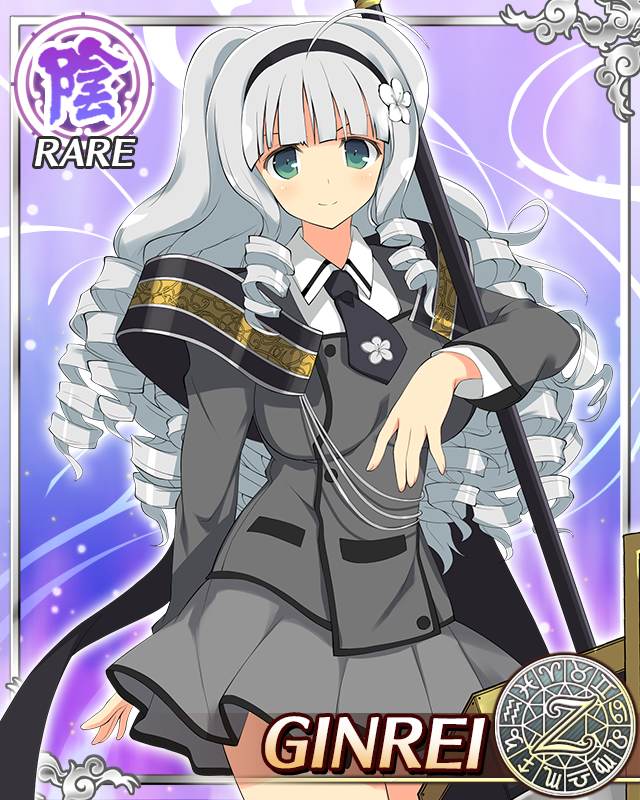 1girl bow bowtie drill_hair flower ginrei_(senran_kagura) green_eyes hair_bow hair_flower hair_ornament long_hair miniskirt polearm school_uniform senran_kagura silver_hair skirt smile spear weapon zodiac
