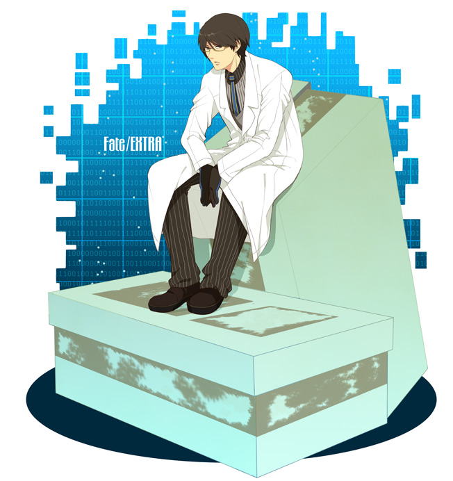 10s 1boy black_gloves black_hair blue_background character_name fate/extra fate_(series) glasses gloves lab_coat male_focus necktie passo0102 pinstripe_pattern sitting twice_h_pieceman