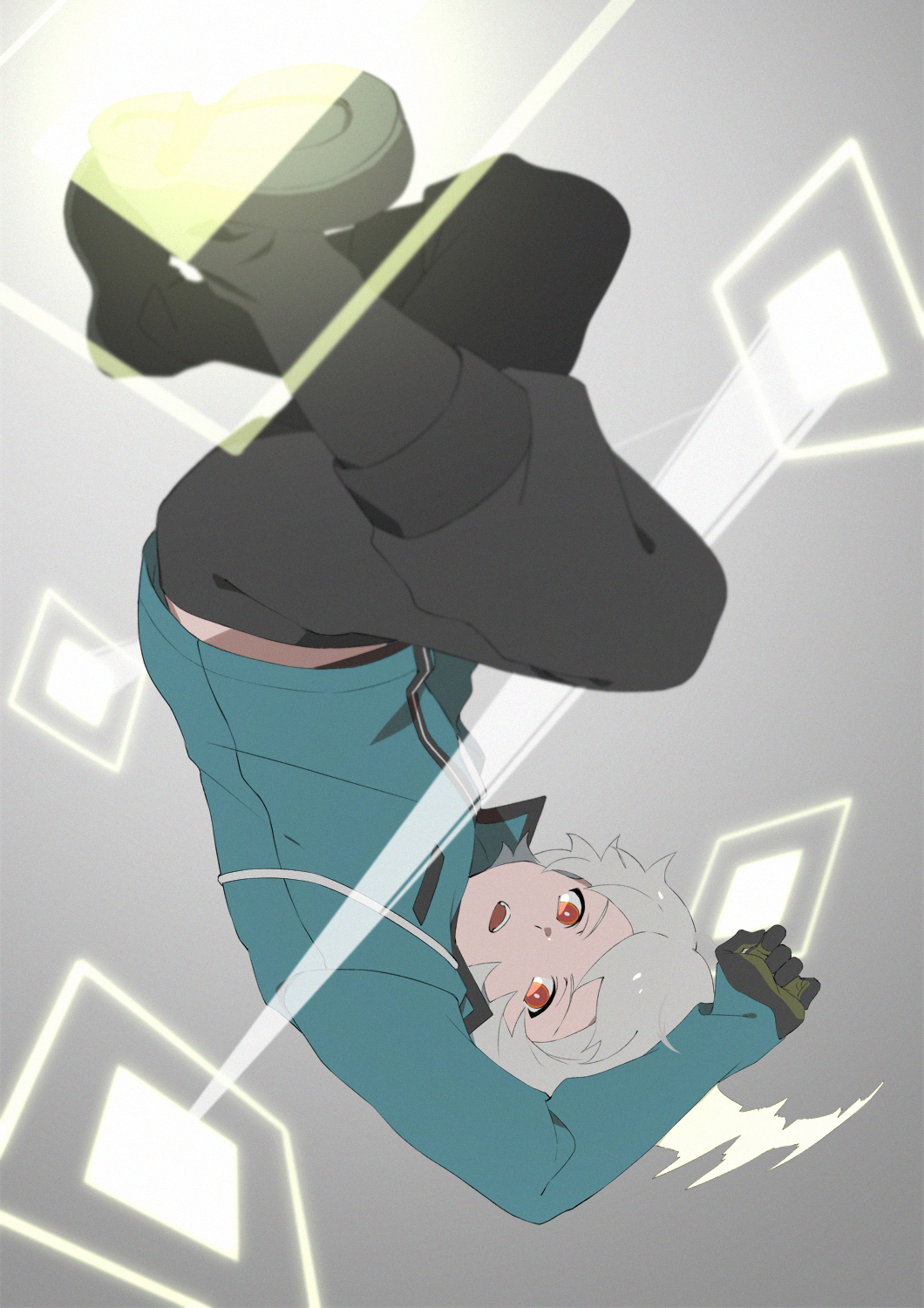 1boy :d arm_up black_boots black_gloves black_pants boots full_body gloves grey_background highres knee_boots kuga_yuuma long_sleeves male_focus midair midriff_peek open_mouth pants red_eyes silver_hair smile solo uniform upside-down world_trigger yawai_tofu