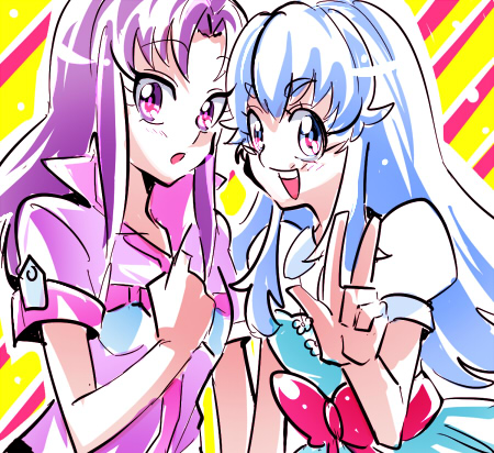 10s 2girls biho_(tsuinku) blue_eyes blue_hair happinesscharge_precure! hikawa_iona long_hair lowres multicolored_background multiple_girls precure purple_eyes purple_hair shirayuki_hime shirt sidelocks smile v