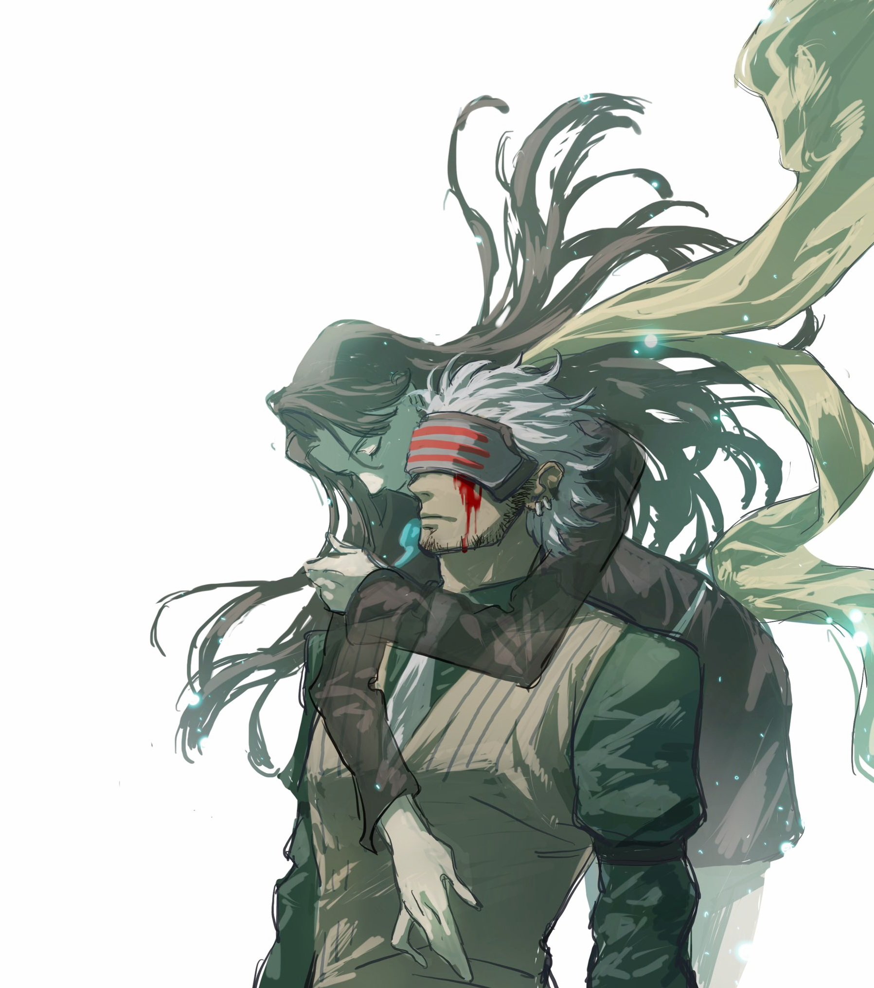 1boy 1girl ace_attorney blood blood_on_face brown_hair commentary couple diego_armando english_commentary eye_mask ghost godot_(ace_attorney) highres hug hug_from_behind long_hair mask mia_fey phoenix_wright:_ace_attorney_-_trials_and_tribulations scarf simple_background sotenborii vest white_hair