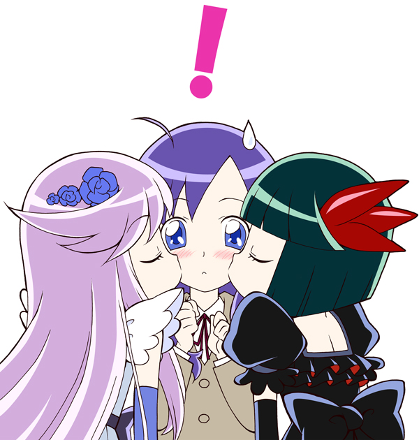! 10s 3girls ahoge blue_eyes blush bow cure_moonlight dark_precure elbow_gloves closed_eyes flower frown girl_sandwich gloves green_hair hair_ornament hairpin heartcatch_precure! kiss kissing_cheek kurumi_momoka long_hair magical_girl multiple_girls precure purple_hair ribbon sandwiched school_uniform short_hair shy surprised sweatdrop symmetry tsukikage_yuri yuuma_(artist) yuuma_(skirthike)