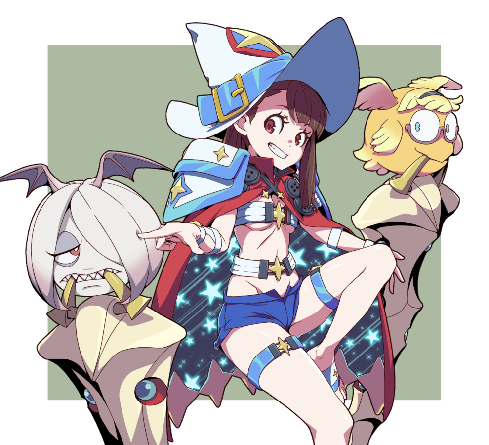 3girls adapted_costume alternate_costume bat_wings blue_eyes blue_shorts breasts brown_hair cape capelet cosplay glasses grin groin guilty_gear guilty_gear_xrd hair_over_one_eye half-closed_eyes han_megumi hat head_wings kagari_atsuko legs little_witch_academia long_hair lotte_jansson medium_breasts multiple_girls navel purple_hair ramlethal_valentine ramlethal_valentine_(cosplay) red_cape red_eyes voice_actor_connection sharp_teeth short_shorts shorts simple_background sitting smile star_(symbol) stomach sucy_manbavaran teeth thigh_strap uganda_(ugandam_00) underboob white_background wings witch_hat
