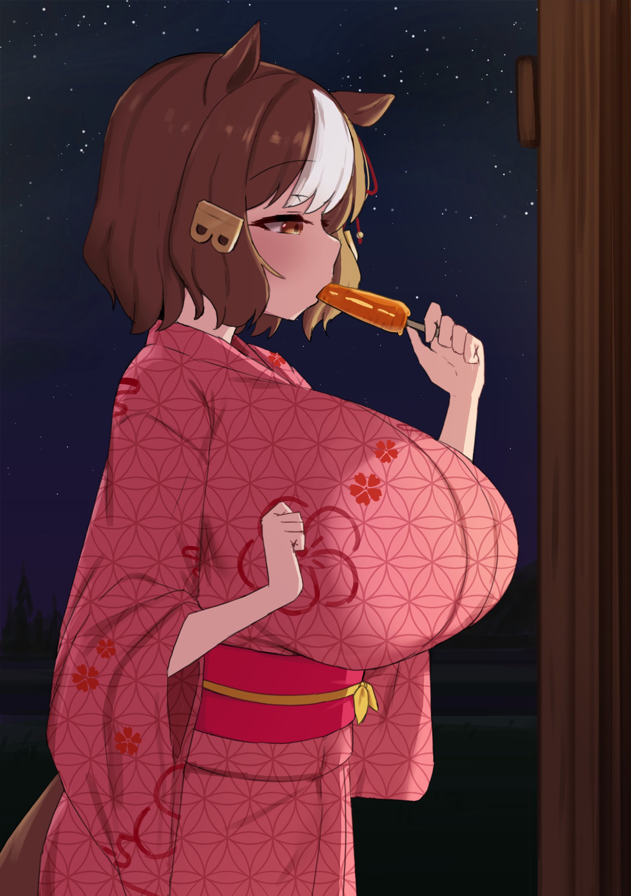 1girl absurdres alternate_breast_size alternate_costume animal_ears belno_light_(umamusume) bow breasts brown_hair ear_ornament ear_ribbon eating food hair_ornament highres holding holding_food horse_ears horse_girl horse_tail huge_breasts japanese_clothes kimono letter_hair_ornament night night_sky noe_(ppppriver) pink_kimono print_kimono short_hair sky solo tail umamusume umamusume:_cinderella_gray yukata