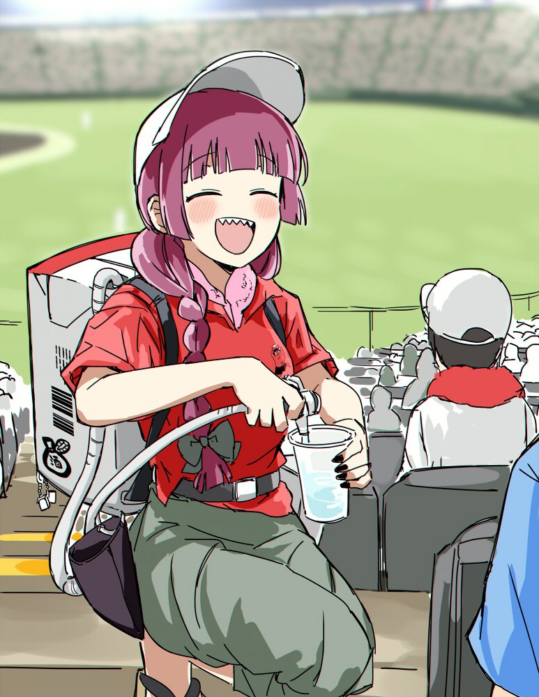 1girl alcohol backpack bag baseball_cap baseball_stadium belt black_nails blurry blurry_background blush bocchi_the_rock! bow braid braided_ponytail closed_eyes cup day disposable_cup facing_viewer green_skirt hair_bow hat hiroi_kikuri holding holding_cup kneeling long_hair open_mouth outdoors people pouring purple_hair red_shirt sandals sharp_teeth shirt sidelocks skirt sleeves_rolled_up smile solo_focus teeth torako_(toramaru) uriko_(baseball) white_hat