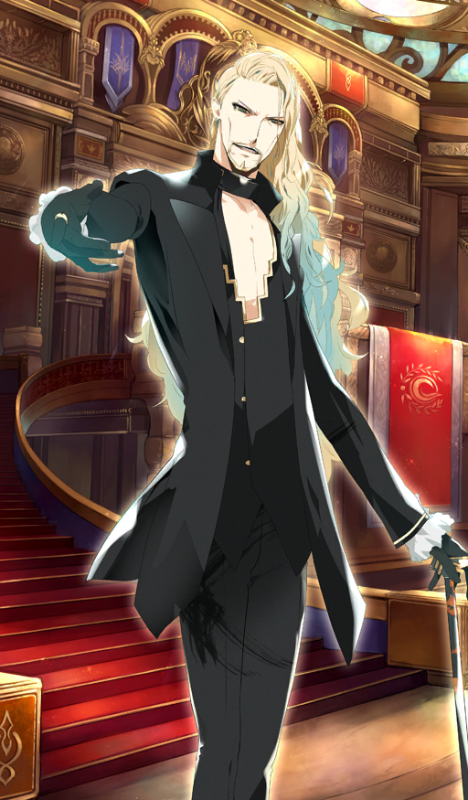 1boy aqua_hair bare_pectorals black_choker black_gloves black_jacket black_pants black_vest blonde_facial_hair blonde_hair cane chaldea_logo cheekbones choker clothing_request collarbone commentary earrings facial_hair fate/grand_order fate_(series) feet_out_of_frame formal_clothes frilled_sleeves frills gloves goatee gradient_hair green_eyes holding holding_cane indoors jacket jewelry light_particles long_hair long_sleeves looking_at_viewer maeda_hirotaka male_focus multicolored_hair mustache official_art pants parted_lips pectoral_cleavage pectorals smile solo standing third-party_source vest vlad_iii_(fate/apocrypha) vlad_iii_(formal_dress)_(fate)