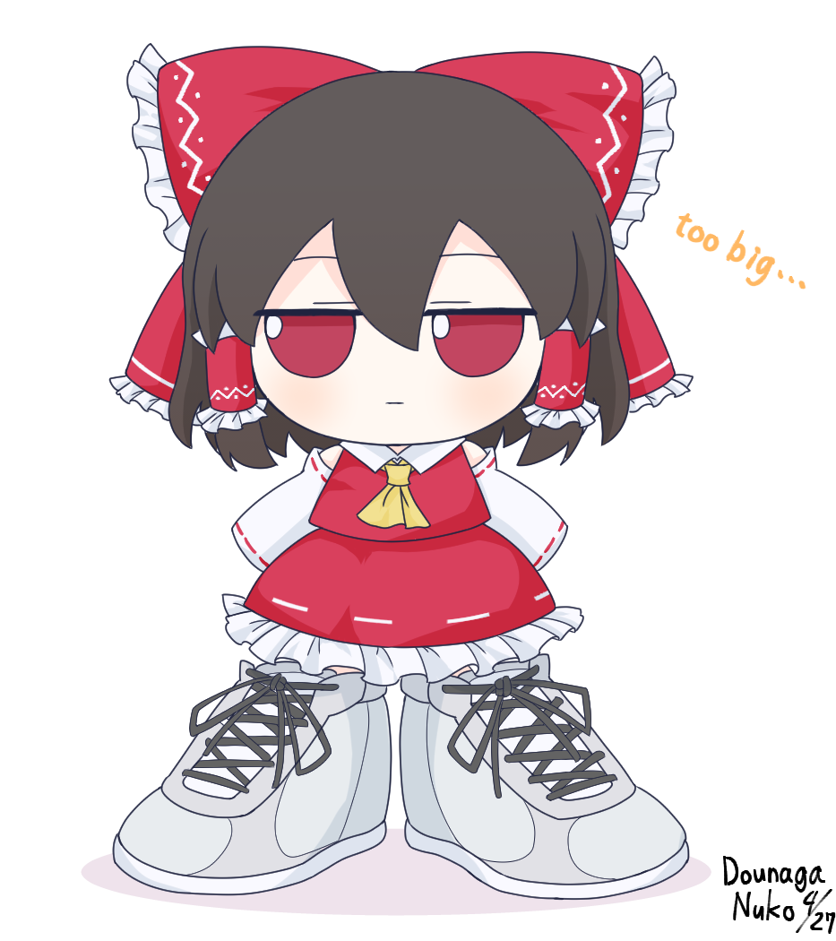 ascot black_hair blush bow chibi closed_mouth commentary dated dounaga_nuko english_text facing_viewer fumo_(doll) hair_between_eyes hair_bow hair_tubes hakurei_reimu japanese_clothes laces large_shoes looking_at_viewer nontraditional_miko red_eyes shoes short_hair sidelocks signature sleeveless sneakers touhou very_big_eyes white_background white_shoes yellow_ascot
