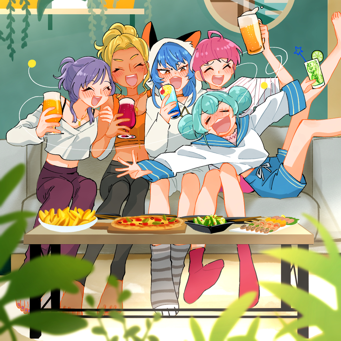 5girls :d aged_up ahoge alcohol amamiya_elena animal_ears aqua_hair barefoot beer beer_mug black_leggings blonde_hair blue_hair blue_sailor_collar blue_shorts blurry blurry_foreground blush casual cat_ears couch cup dark-skinned_female dark_skin depth_of_field double_bun drawstring drunk folded_ponytail food grey_socks hagoromo_lala hair_bun holding holding_cup hood hood_up hoodie hoshina_hikaru indoors kaguya_madoka leaning_back leaning_on_person leg_up leggings long_sleeves midriff mug multiple_girls navel off-shoulder_shirt off_shoulder on_couch open_mouth outstretched_arms pink_hair pizza ponytail precure purple_hair purple_leggings red_eyes red_socks sailor_collar sailor_shirt saliva shirt short_hair short_ponytail shorts sitting smile socks spread_arms star_twinkle_precure ton_(ton39342104) white_hoodie white_shirt yuni_(precure)