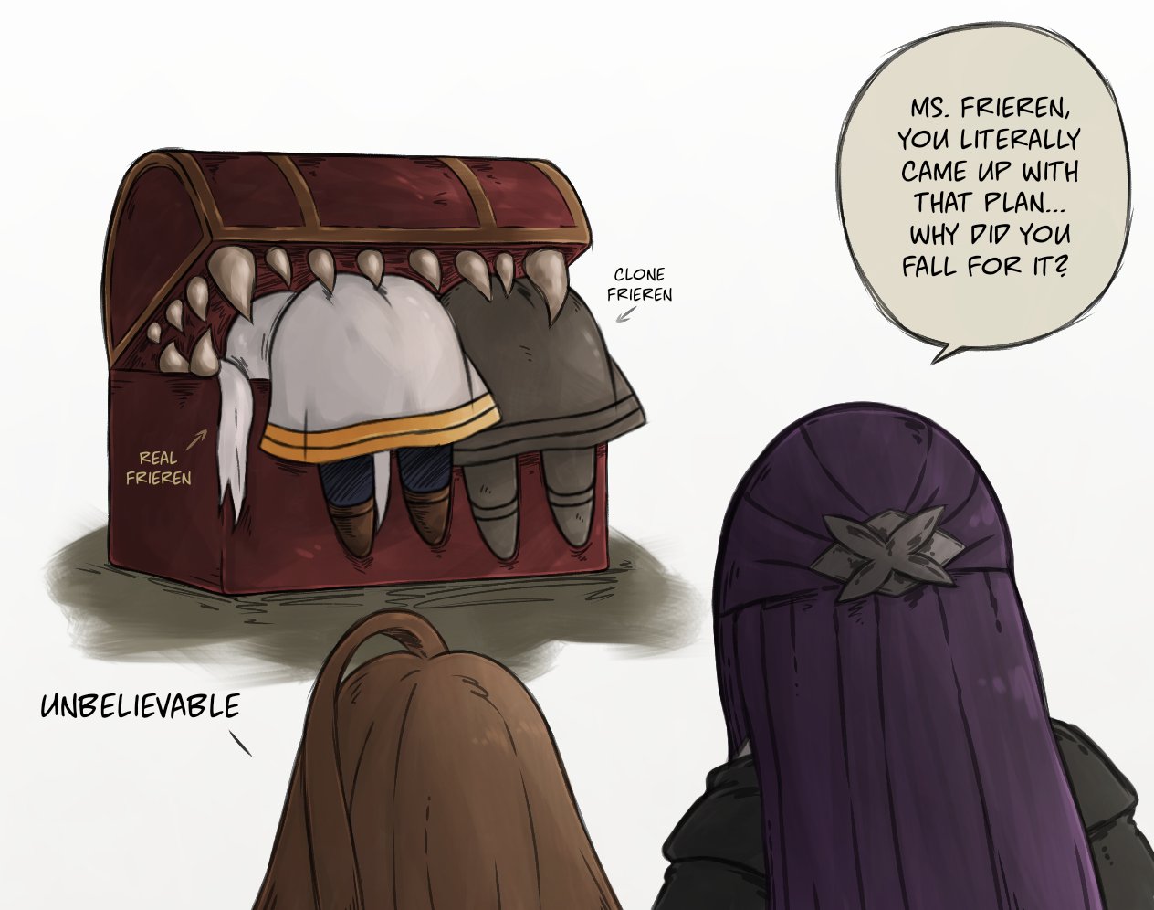 4girls ahoge ass ass_focus basedlida brown_hair clone dress english_text female_focus fern_(sousou_no_frieren) frieren from_behind grey_background grey_dress hair_ornament long_hair mimic mimic_chest multiple_girls pantyhose purple_hair sense_(sousou_no_frieren) sharp_teeth simple_background skirt sousou_no_frieren speech_bubble stuck teeth