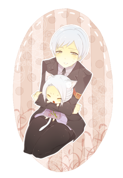 07th_expansion 2girls animal_ears armband bad_id bad_pixiv_id blazer blush brown_eyes cat_ears cat_tail chibi hug hug_from_behind jacket multiple_girls necktie no_naku_koro_ni_(series) pants short_hair siblings silver_hair sisters smile sumadera_kasumi tail tears umineko_no_naku_koro_ni ushiromiya_kyrie whiskers yuniko