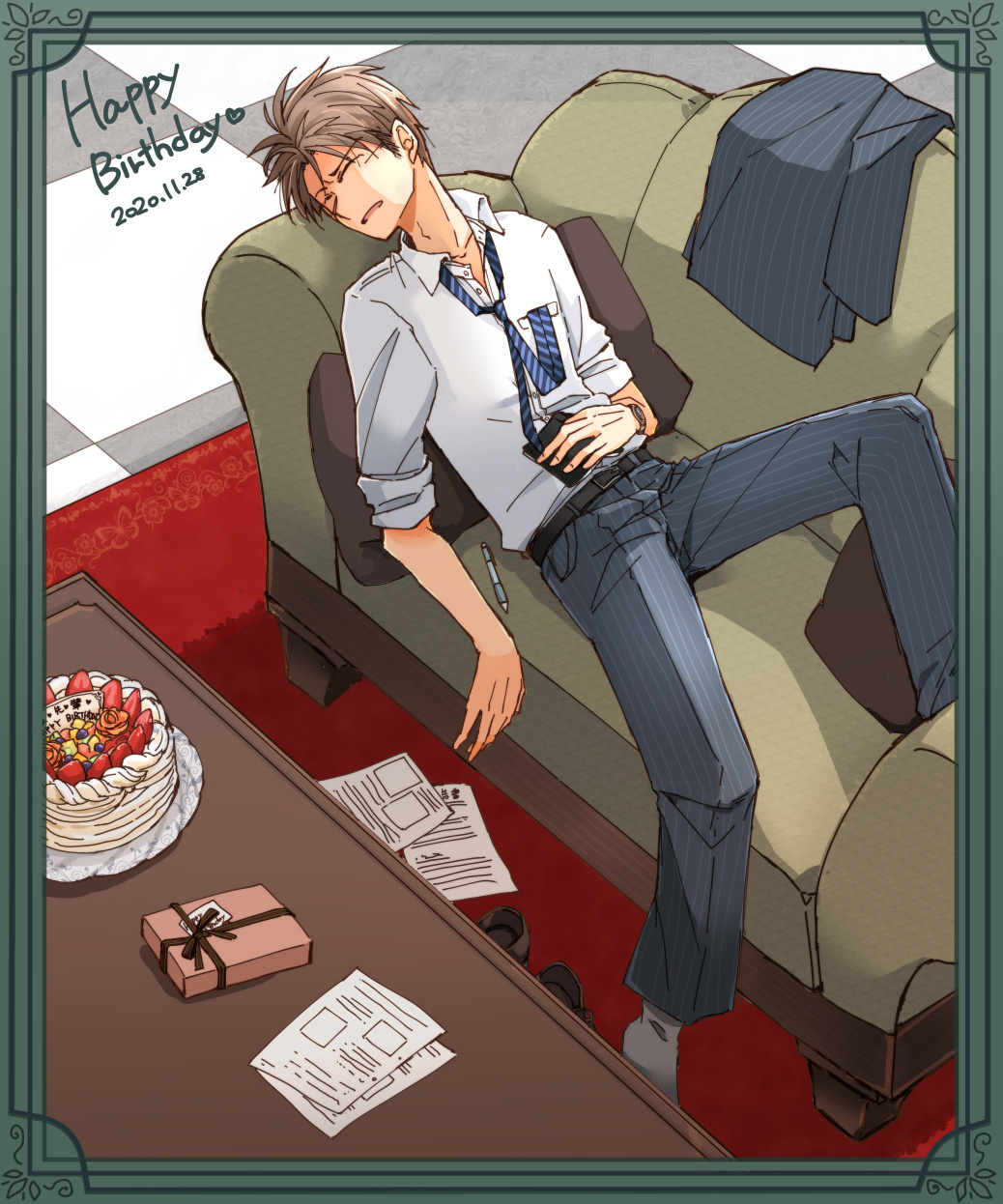1boy border brown_hair cake closed_eyes commentary_request couch dated diagonal-striped_clothes diagonal-striped_necktie food fruit gekkan_shoujo_nozaki-kun gift green_border grey_socks happy_birthday highres hori_masayuki jacket loose_necktie male_focus mechanical_pencil necktie pants paper pencil rug shoes sitting socks solo strawberry striped_clothes striped_jacket striped_pants table takana_x123 unworn_jacket unworn_shoes vertical-striped_clothes vertical-striped_jacket vertical-striped_pants watch wristwatch