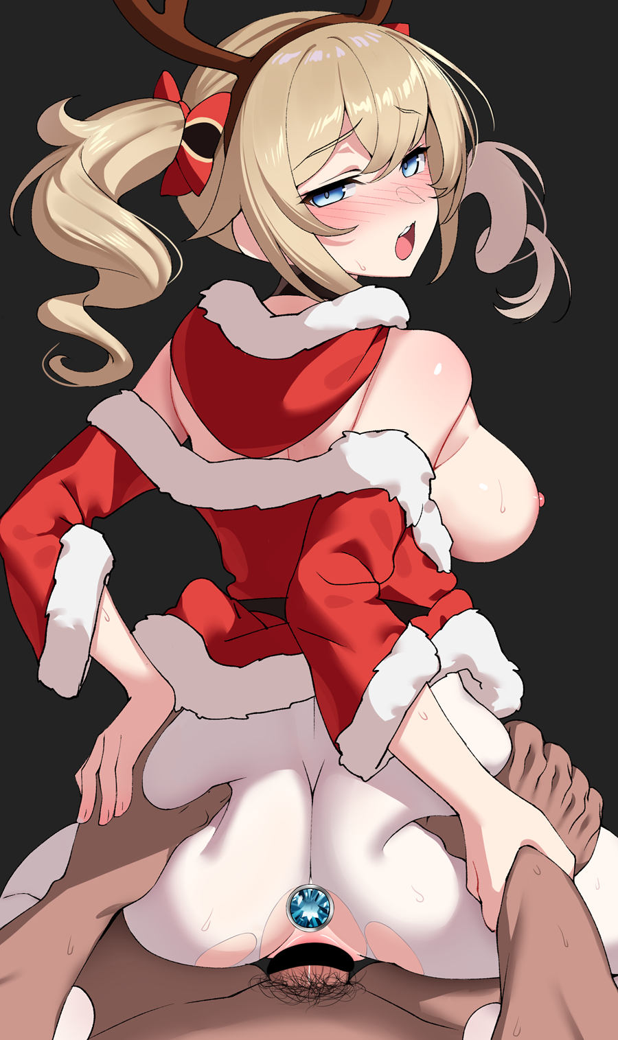 1boy 1girl anal anal_object_insertion antlers ass ass_grab back barbara_(genshin_impact) blue_eyes blush breasts butt_plug censored detached_sleeves dress drill_hair fur-trimmed_dress fur_trim genshin_impact grey_background hetero highres horns jewel_butt_plug large_breasts long_hair looking_at_viewer looking_back ndgd nipples object_insertion open_mouth pantyhose penis pov pussy reindeer_antlers santa_costume santa_dress sex sex_toy simple_background sweat torn_clothes torn_legwear torn_pantyhose twin_drills twintails vaginal white_pantyhose