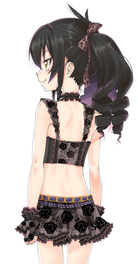 1girl animal_print back back_focus black_hair camisole choker cowboy_shot fingerless_gloves floral_print frilled_choker frills from_behind gengorou gloves hair_ribbon idolmaster idolmaster_cinderella_girls lace lace_gloves lace_skirt leopard_print long_hair matoba_risa miniskirt print_ribbon profile quad_tails ribbon ringlets rose_print see-through_clothes sidelocks simple_background skirt smile solo white_background yellow_eyes