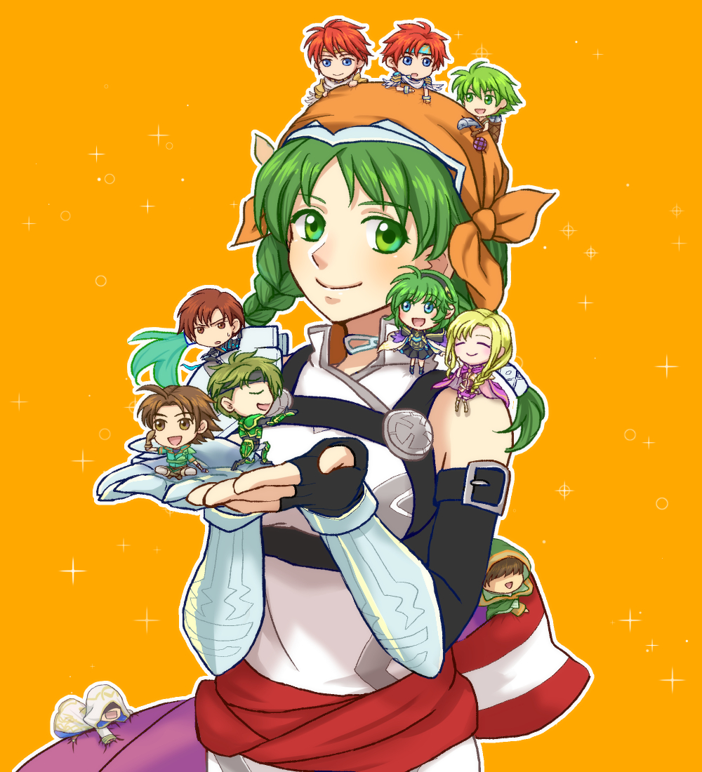 3girls 6+boys bandana black_dress black_gloves black_hairband blonde_hair blue_eyes braid brown_eyes brown_hair cape chibi chibi_on_head chibi_on_shoulder crossed_legs dress eliwood_(fire_emblem) eliwood_(resplendent)_(fire_emblem) fingerless_gloves fire_emblem fire_emblem:_the_binding_blade fire_emblem:_the_blazing_blade fire_emblem_heroes gloves green_eyes green_hair hairband holding_chibi hood hood_up kiran_(fire_emblem) kneeling long_hair looking_at_viewer louise_(fire_emblem) mark_(fire_emblem:_the_blazing_blade) matching_hair/eyes multiple_boys multiple_girls murabitoku3 nino_(fire_emblem) nino_(resplendent)_(fire_emblem) nintendo on_head orange_bandana outline purple_cape raven_(fire_emblem) raven_(resplendent)_(fire_emblem) rebecca_(fire_emblem) rebecca_(resplendent)_(fire_emblem) red_hair roy_(fire_emblem) roy_(resplendent)_(fire_emblem) sain_(fire_emblem) short_hair single_bare_shoulder smile twin_braids white_dress white_outline wil_(fire_emblem) wolt_(fire_emblem) yellow_background
