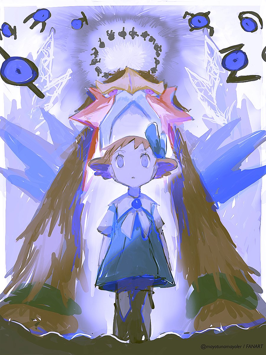1girl artist_name blonde_hair blue_bow blue_dress blue_eyes bow brown_fur child collared_dress commentary crystal dress empty_eyes entei floating from_below gen_2_pokemon hair_bow highres legendary_pokemon mayotsunamayo molly_hale nintendo pink_eyes pokemon pokemon_(anime) pokemon_(classic_anime) pokemon_(creature) pokemon_3:_the_movie_-_spell_of_the_unown:_entei short_hair short_sleeves standing twitter_username unown unown_d unown_e unown_i unown_n unown_t unown_w