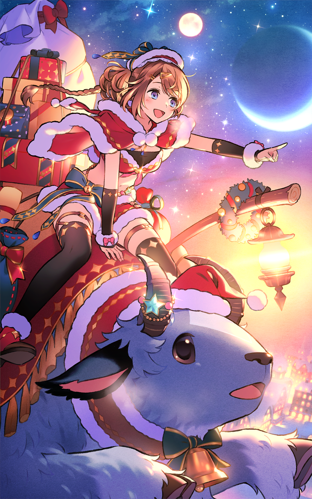 1girl :d atelier_(series) atelier_resleriana between_legs black_thighhighs blue_eyes box braid capelet christmas crescent_moon crop_top detached_sleeves funuyu fur-trimmed_capelet fur-trimmed_headwear fur-trimmed_skirt fur_trim gift gift_box hand_between_legs hat highres lantern long_hair long_sleeves moon multiple_moons navel night night_sky non-web_source official_alternate_costume official_art open_mouth outdoors pointing pointing_forward red_capelet red_footwear red_hat red_skirt resna_sternenlicht resna_sternenlicht_(starry_heavens_gift) sack santa_costume sitting sitting_on_animal skirt sky smile star_(sky) star_(symbol) starry_sky tassel thigh_strap thighhighs