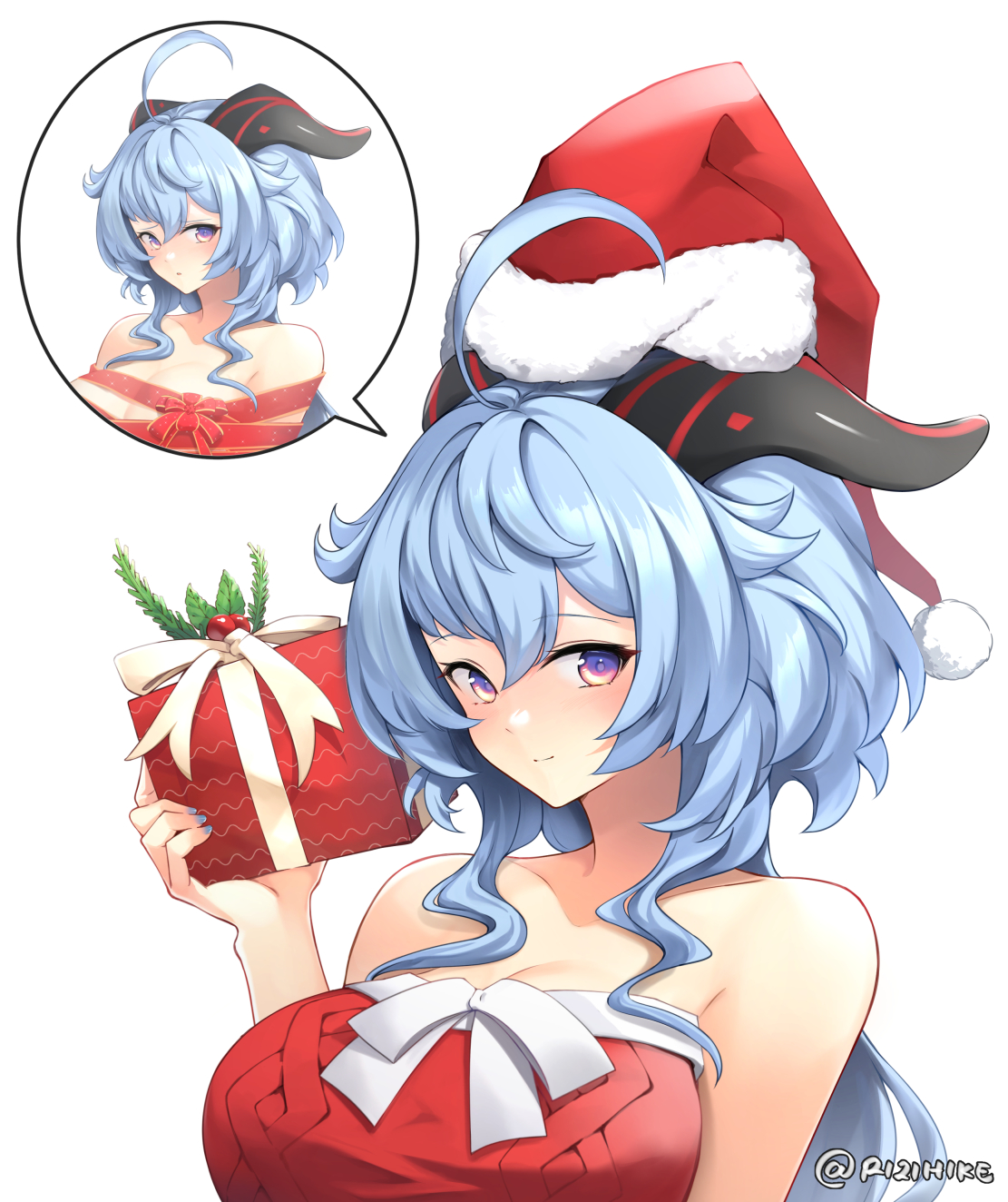 1girl ahoge artist_name bare_shoulders blue_hair blush bound bow breasts christmas cleavage ganyu_(genshin_impact) genshin_impact gift hat highres horns large_breasts light_smile long_hair looking_at_viewer purple_eyes red_ribbon ribbon ribbon_bondage rizihike santa_costume santa_hat sidelocks solo speech_bubble twitter_username upper_body white_background