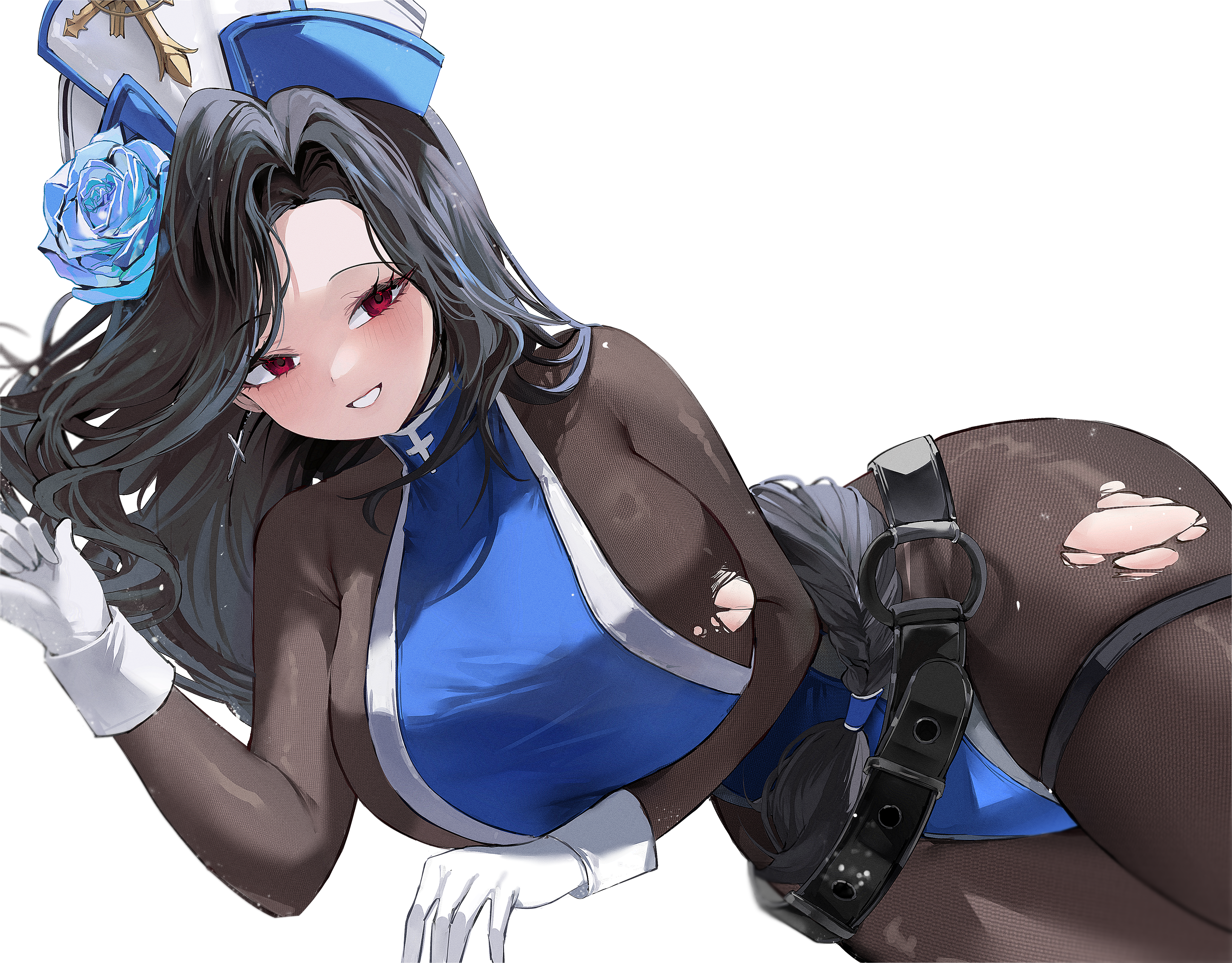 1girl absurdres belt black_belt black_hair blue_tabard bodystocking braid braided_ponytail cross cross_earrings earrings gloves goddess_of_victory:_nikke gurami_(zangizarang) hat highres ice_flower jewelry long_hair lying maiden_(ice_rose)_(nikke) maiden_(nikke) red_eyes simple_background smile solo tabard thick_thighs thigh_strap thighs torn_bodystocking torn_clothes very_long_hair white_background white_gloves
