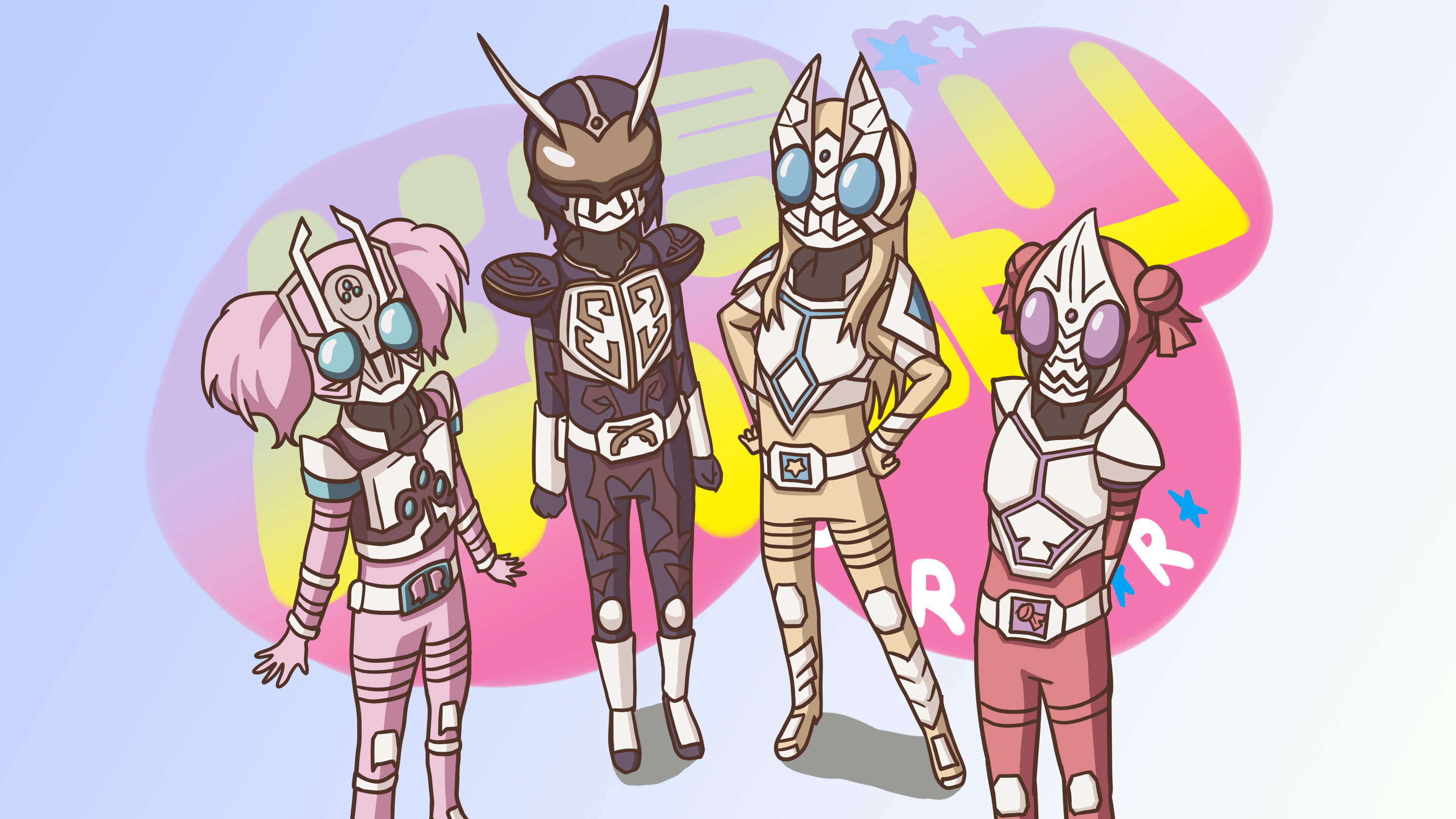 4girls akaza_akari arms_behind_back blonde_hair commentary_request crossover double_bun funami_yui hands_on_own_hips highres kamen_rider kamen_rider_blade kamen_rider_blade_(series) kamen_rider_chalice kamen_rider_garren kamen_rider_leangle logo long_hair mask multiple_girls parody red_hair tokusatsu toshinou_kyouko twintails yoshikawa_chinatsu yuruyuri zolgheim