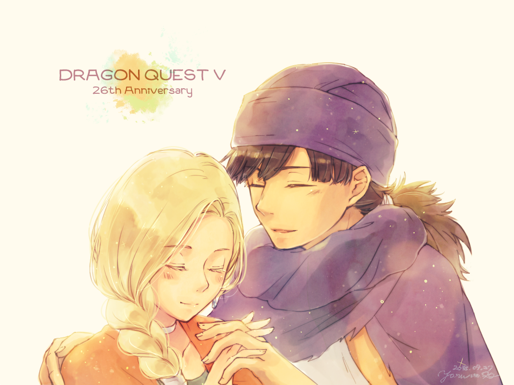 1boy 1girl anniversary bianca_(dq5) black_hair blonde_hair blush braid cape cloak closed_eyes closed_mouth collarbone commentary_request copyright_name couple dated dragon_quest dragon_quest_v dress facing_another green_dress hand_on_another&#039;s_shoulder hero_(dq5) holding_hands interlocked_fingers jewelry long_hair low_ponytail neck_ring orange_cape parted_lips ponytail purple_cape purple_cloak purple_turban single_braid smile tunic upper_body white_tunic y_kuroki yellow_background