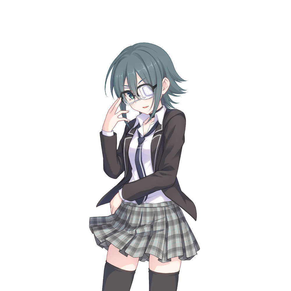 1girl anna_(princess_connect!) anna_(real)_(princess_connect!) black_jacket black_tail black_thighhighs blue_eyes eyepatch glasses jacket medium_hair official_art pleated_skirt princess_connect! school_uniform skirt thighhighs transparent_background