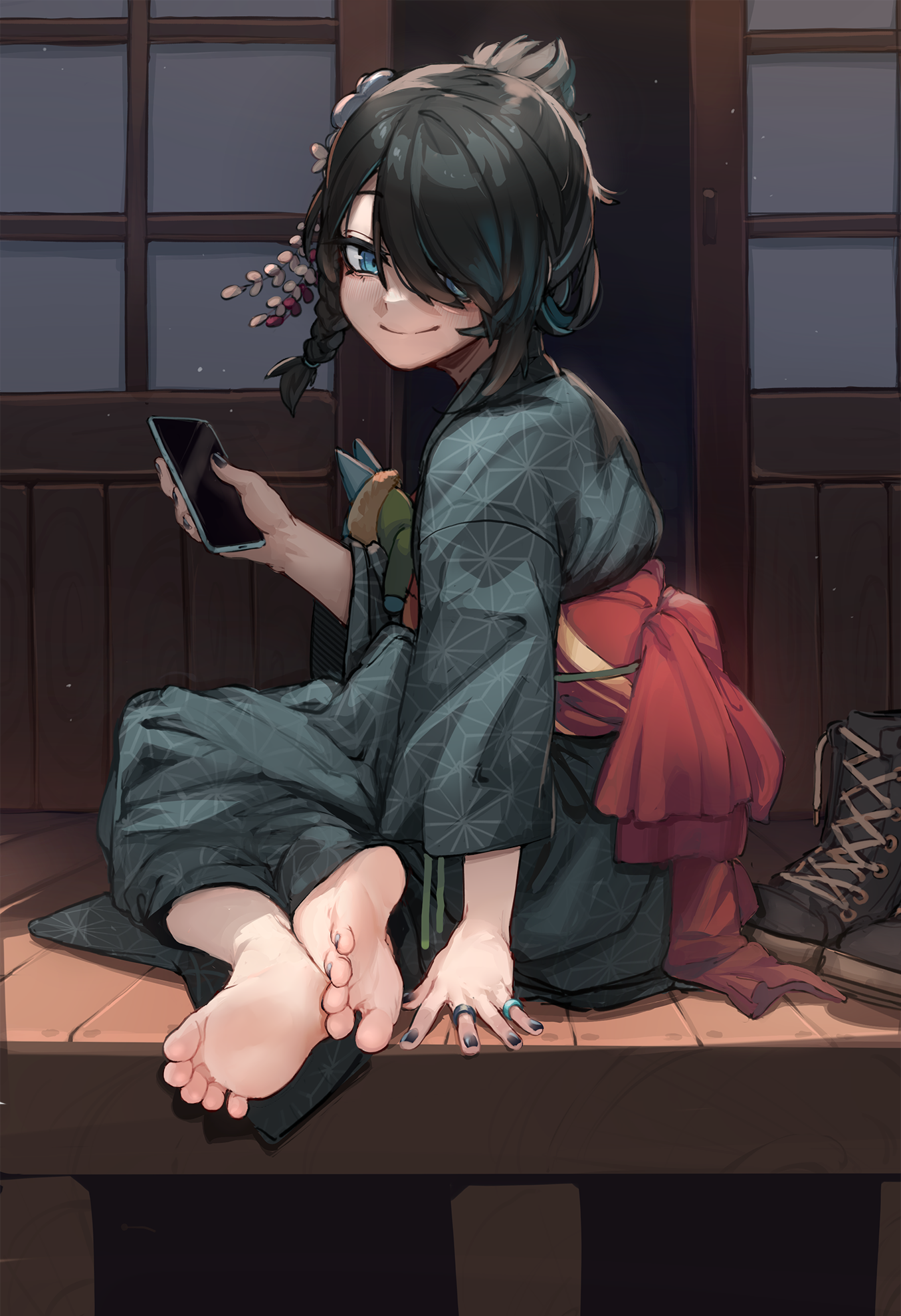 1girl barefoot black_hair black_kimono black_nails blue_eyes boots braid cellphone commentary english_commentary feet foot_focus hair_ornament hair_over_one_eye highres holding holding_phone indie_virtual_youtuber japan japanese_clothes jewelry k-rha's kimono kobapoko looking_down nail_polish obi outdoors pale_skin phone ring sash shadow shoes short_hair single_braid sitting smartphone soles solo stuffed_toy toenail_polish toenails toes unworn_shoes virtual_youtuber yokozuwari yukata