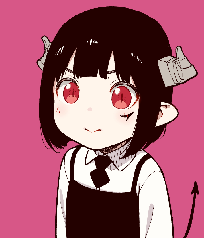 1girl aged_down black_dress black_hair blunt_bangs blush child closed_mouth demon_horns demon_tail dress facial_mark hime-sama_&quot;goumon&quot;_no_jikan_desu hirakei horns looking_at_viewer official_art overall_dress pink_background pointy_ears red_eyes shirt short_hair simple_background slit_pupils smile solo tail torture_tortura upper_body white_shirt