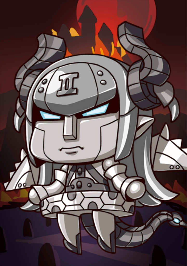 1girl april_fools blue_eyes chibi curled_horns dragon_tail elizabeth_bathory_(fate) fate/grand_order fate_(series) female_focus fire full_moon glowing glowing_eyes horns humanoid_robot mecha_eli-chan_mk.ii_(fate) megatron moon official_art pointy_ears red_moon riyo_(lyomsnpmp) robot silver_hair solo tail transformers