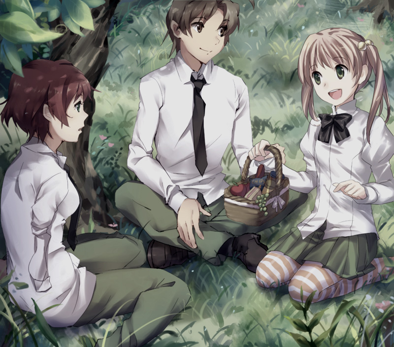 1boy 2girls :d amputee apple armless_amputee artist_request bag_of_chips basket black_bow black_bowtie black_footwear black_necktie blonde_hair bow bowtie brown_eyes brown_hair closed_mouth collared_shirt double_amputee food fruit game_cg grapes grass green_eyes green_pants green_skirt holding holding_basket holding_picnic_basket ibarazaki_emi katawa_shoujo long_hair multiple_girls nakai_hisao necktie non-web_source official_art open_mouth outdoors pants picnic_basket red_hair sandwich school_uniform shirt shoes short_hair sitting skirt sleeve_tied_shut smile teeth tezuka_rin tree twintails upper_teeth_only very_short_hair white_shirt yamaku_high_school_uniform