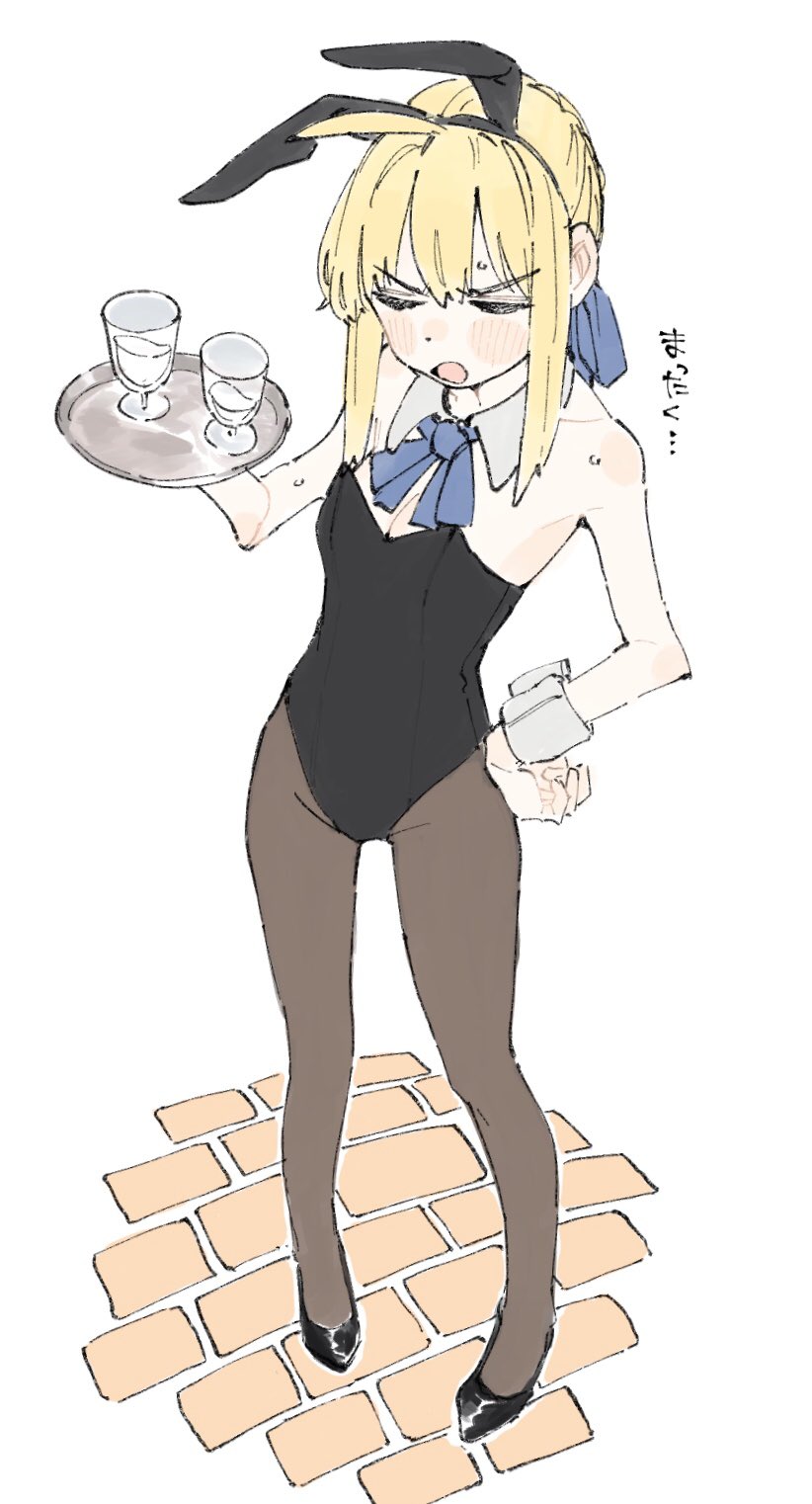 1girl animal_ear_hairband animal_ears artoria_pendragon_(fate) black_leotard black_shoes blonde_hair blush breasts closed_eyes cobblestone commentary detached_collar fake_animal_ears fate/stay_night fate_(series) from_above full_body glass hairband hand_on_own_hip highres holding holding_tray leotard open_mouth playboy_bunny rabbit_ear_hairband rabbit_ears saber_(fate) shoes small_breasts solo strapless strapless_leotard tenoo12 tray wrist_cuffs