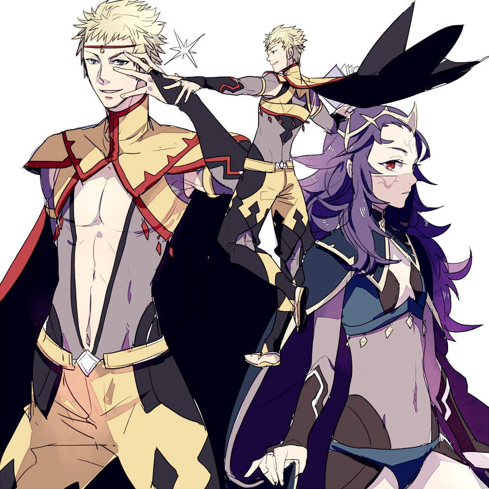 1boy 1girl blonde_hair bodystocking breasts fire_emblem fire_emblem_fates grey_eyes long_hair mask messy_hair mouth_mask nintendo nyx_(fire_emblem) odin_(fire_emblem) pantyhose purple_hair red_eyes small_breasts tomoaki_(coconon) turtleneck
