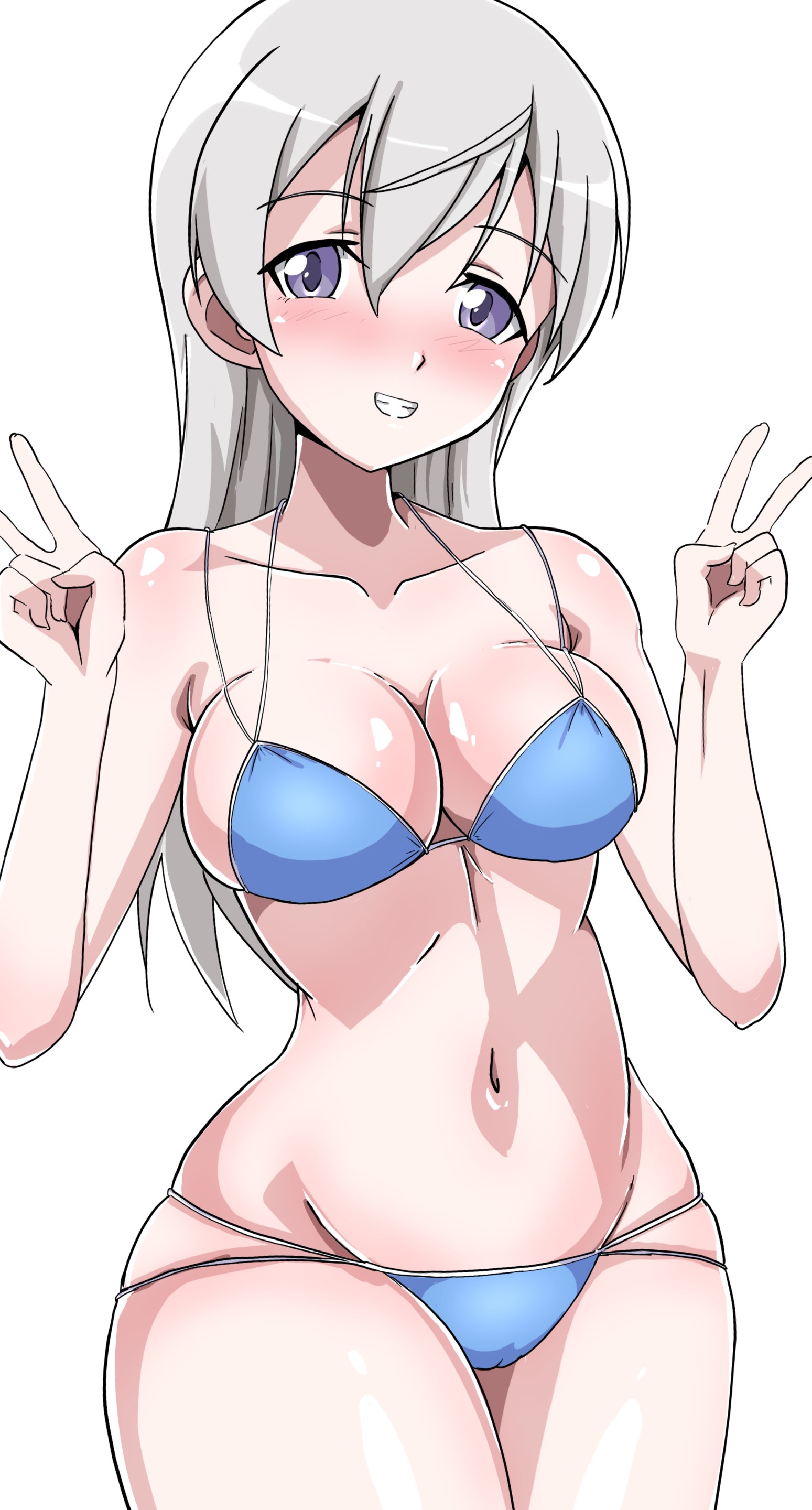 1girl absurdres bikini blue_bikini blue_eyes blush breasts cameltoe cleavage collarbone double_v eila_ilmatar_juutilainen grin highres large_breasts long_hair looking_at_viewer mirage4000000 navel simple_background smile solo strike_witches swimsuit v white_background white_hair world_witches_series