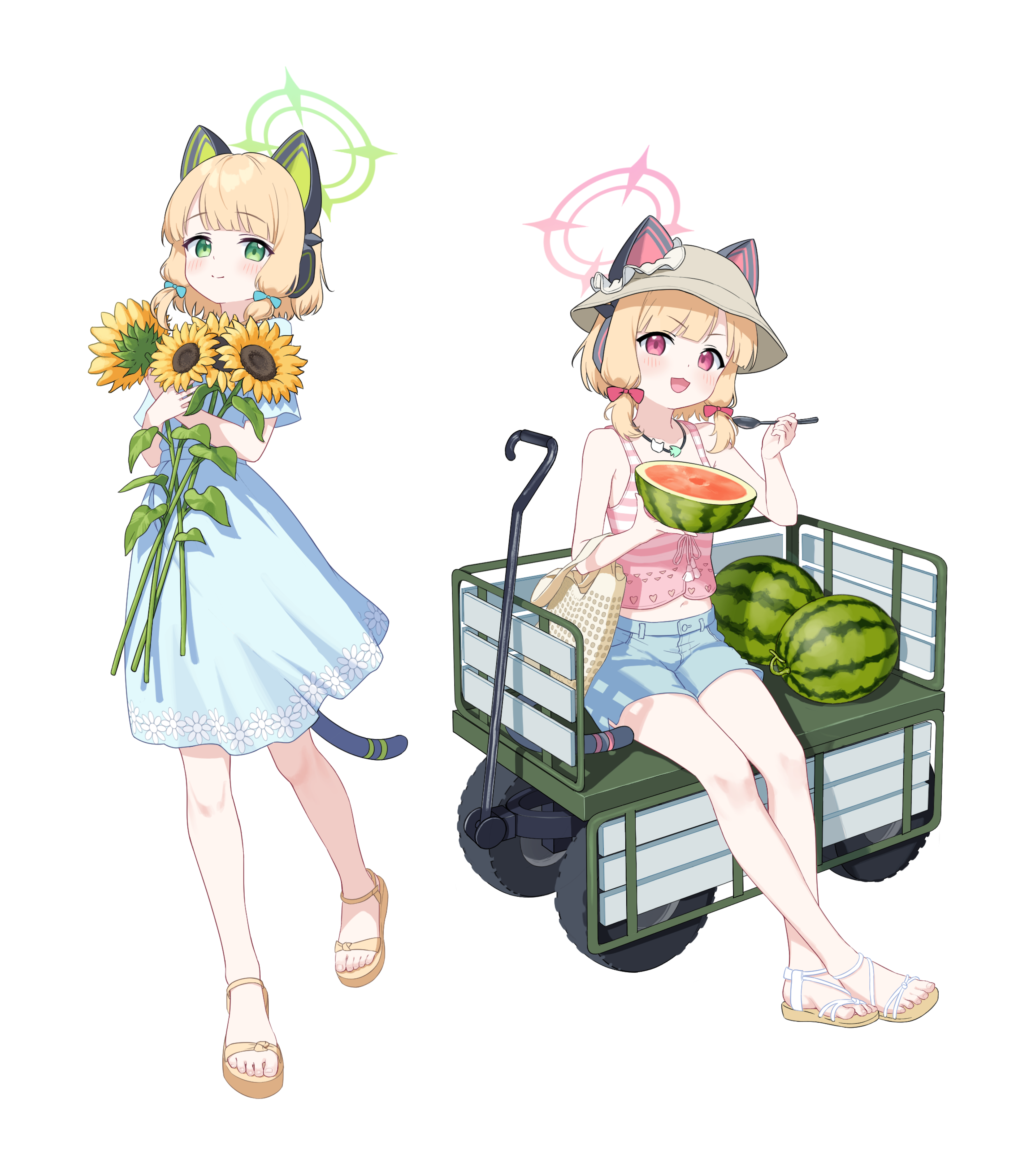 2girls absurdres animal_ear_headphones animal_ears blonde_hair blue_archive blue_bow blue_dress blue_shorts blunt_bangs blush bow brown_hat cat_ear_headphones closed_mouth dress fake_animal_ears flower food fruit green_eyes hair_bow hat headphones highres holding holding_flower holding_food holding_fruit holding_spoon holding_watermelon looking_at_viewer medium_hair midori_(blue_archive) momoi_(blue_archive) multiple_girls open_mouth pink_bow pink_eyes pink_tank_top sandals short_shorts short_sleeves shorts sidelocks sitting smile spoon sunflower supersugar tank_top toes watermelon white_sandals yellow_sandals
