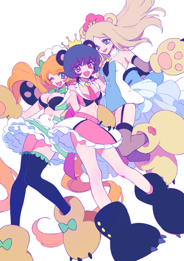 3girls :d akiyama_enma animal_ears animal_hands bare_shoulders bear_ears bear_girl bear_paws black_thighhighs blonde_hair blue_dress blue_eyes bow breasts crown detached_collar dress fang frilled_skirt frills garter_straps gloves green_bow green_eyes green_skirt hug large_breasts long_hair looking_at_another looking_at_viewer maid_headdress multiple_girls necktie one_eye_closed open_mouth orange_hair paw_gloves paw_shoes pink_eyes pink_hair pink_necktie pink_skirt short_hair skirt small_breasts smile star_(symbol) thighhighs tsubaki_kureha twintails very_long_hair yuri_kuma_arashi yurigasaki_lulu yurishiro_ginko