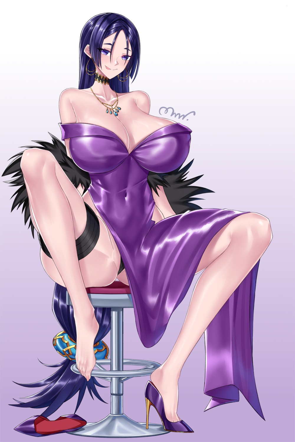 1girl belt breasts cleavage collarbone covered_navel dress fate/grand_order fate_(series) feather_boa high_heels highres jewelry large_breasts long_hair looking_at_viewer minamoto_no_raikou_(exhibition_attire)_(fate) minamoto_no_raikou_(fate) mrnn necklace off-shoulder_dress off_shoulder parted_bangs purple_dress purple_eyes purple_hair side_slit sitting smile solo spread_legs stool thigh_strap tongue tongue_out very_long_hair