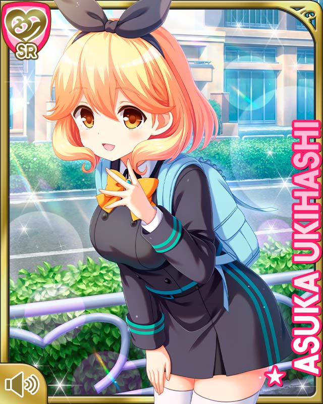 1girl backpack bag blonde_hair bow bowtie breasts brown_eyes card_(medium) day girlfriend_(kari) grey_shirt grey_skirt hair_bow medium_breasts official_art open_mouth orange_bow outdoors qp:flapper school_uniform shirt short_hair skirt smile solo tagme thighhighs ukihashi_asuka white_thighhighs