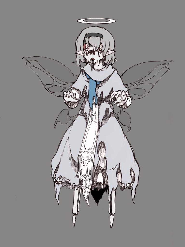 1girl barefoot black_hairband body_horror bolos colored_skin eyeball fairy fairy_wings frilled_skirt frills full_body grey_background grey_hair grey_scarf grey_shirt grey_skirt hairband layered_skirt long_skirt maggot nostrils outstretched_arms pointy_ears scarf shirt short_hair simple_background skeletal_leg skirt skirt_set solo standing tachi-e torn_clothes torn_shirt torn_skirt touhou white_skin white_skirt wings zombie_fairy_(touhou) zombie_pose zombification