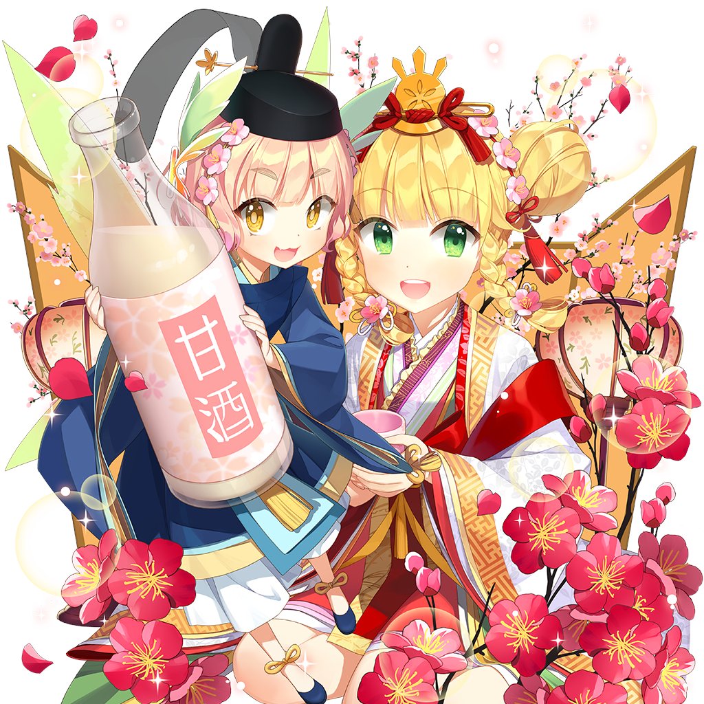 2girls amazake_(drink) blonde_hair braid cup double_bun flower green_eyes hair_bun hat holding holding_cup japanese_clothes kanna_(uchihime) multiple_girls pink_hair salt_(salty) sapphire_emerald tate_eboshi twin_braids twintails uchi_no_hime-sama_ga_ichiban_kawaii yellow_eyes