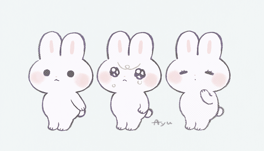 :3 ayu_(mog) blush_stickers rabbit crying looking_at_viewer original signature simple_background tearing_up tears unibrow white_background