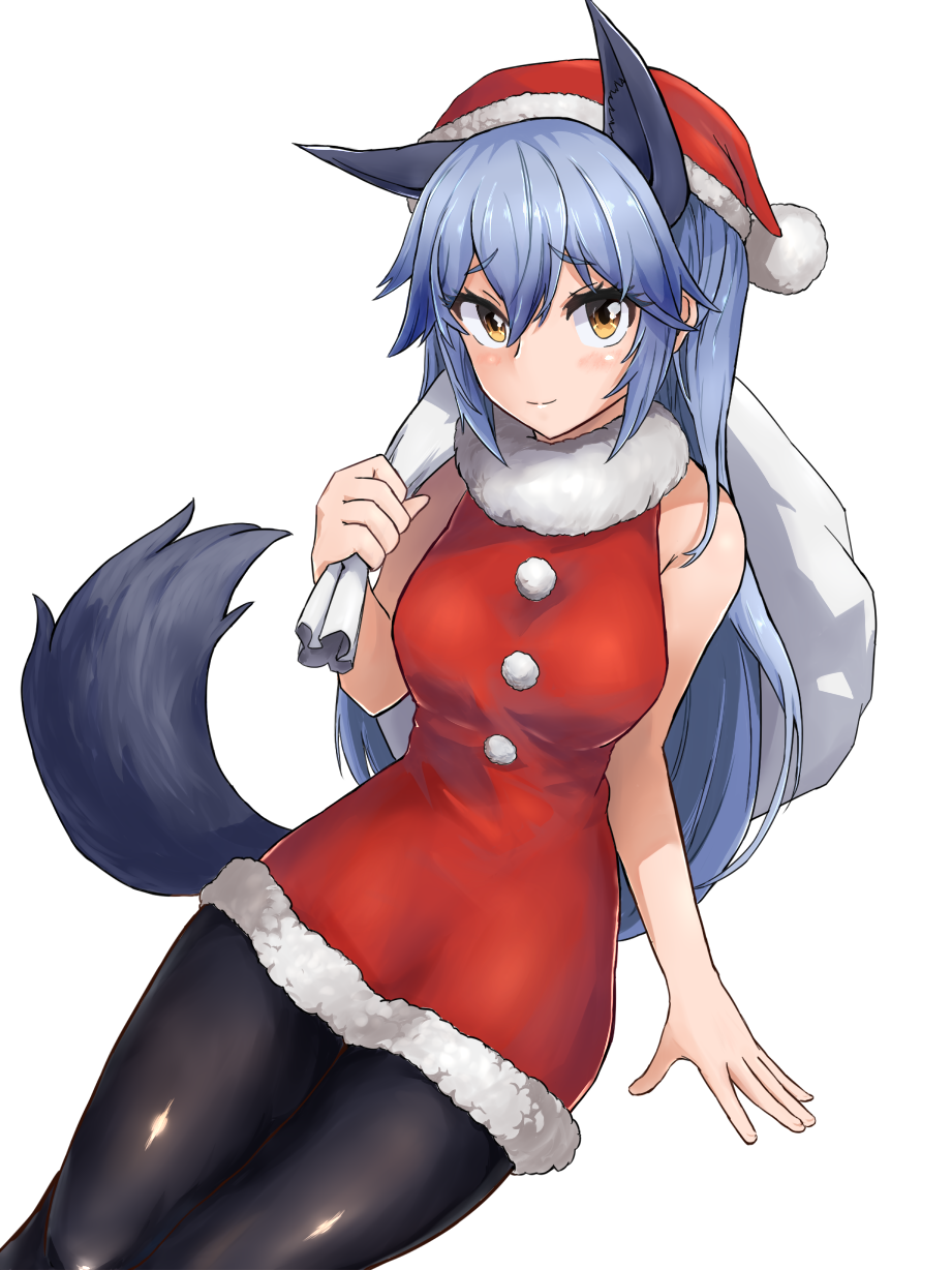 10s 1girl animal_ears bad_id bad_pixiv_id black_pantyhose blue_hair blush brown_eyes female_focus fox_ears fox_tail fur_trim hair_between_eyes hat highres kemono_friends looking_at_viewer niceratus_kiotensis pantyhose sack santa_costume santa_hat silver_fox_(kemono_friends) sleeveless smile solo tail white_background