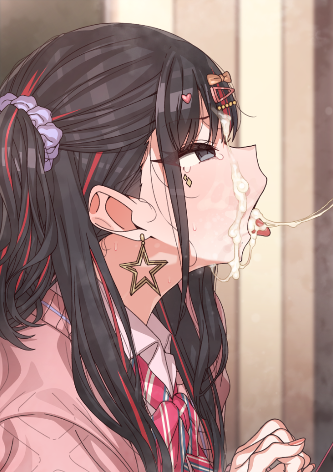 1boy 1girl after_fellatio ahegao bow bowtie brown_hair cardigan collared_shirt cum cum_in_mouth cum_on_body cum_on_hair cum_on_tongue cum_string erere facial green_eyes idolmaster idolmaster_shiny_colors kazano_hiori long_hair looking_to_the_side multicolored_hair red_hair shirt solo tongue tongue_out twintails white_shirt