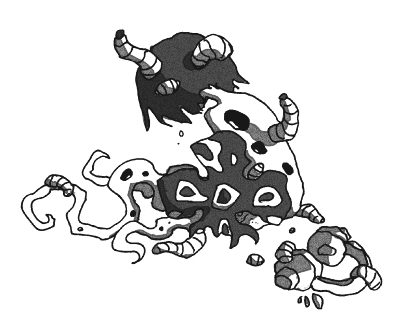 1girl commentary completely_nude facing_away flower from_behind greyscale headphones hole_in_chest hole_on_body leaning_forward lowres maggot monochrome monster_girl nene_nene nude official_art plant_girl rotting short_hair simple_background solo tears tentacle_legs tokita_(jyabarachan) unworn_headphones utau