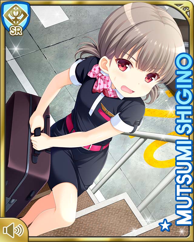 1girl black_dress brown_hair card_(medium) day dress flight_attendant girlfriend_(kari) indoors looking_at_viewer official_art open_mouth panic pink_neckwear polka_dot_neckwear qp:flapper red_eyes shigino_mutsumi short_twintails silver_hair solo standing suitcase travel_attendant twintails