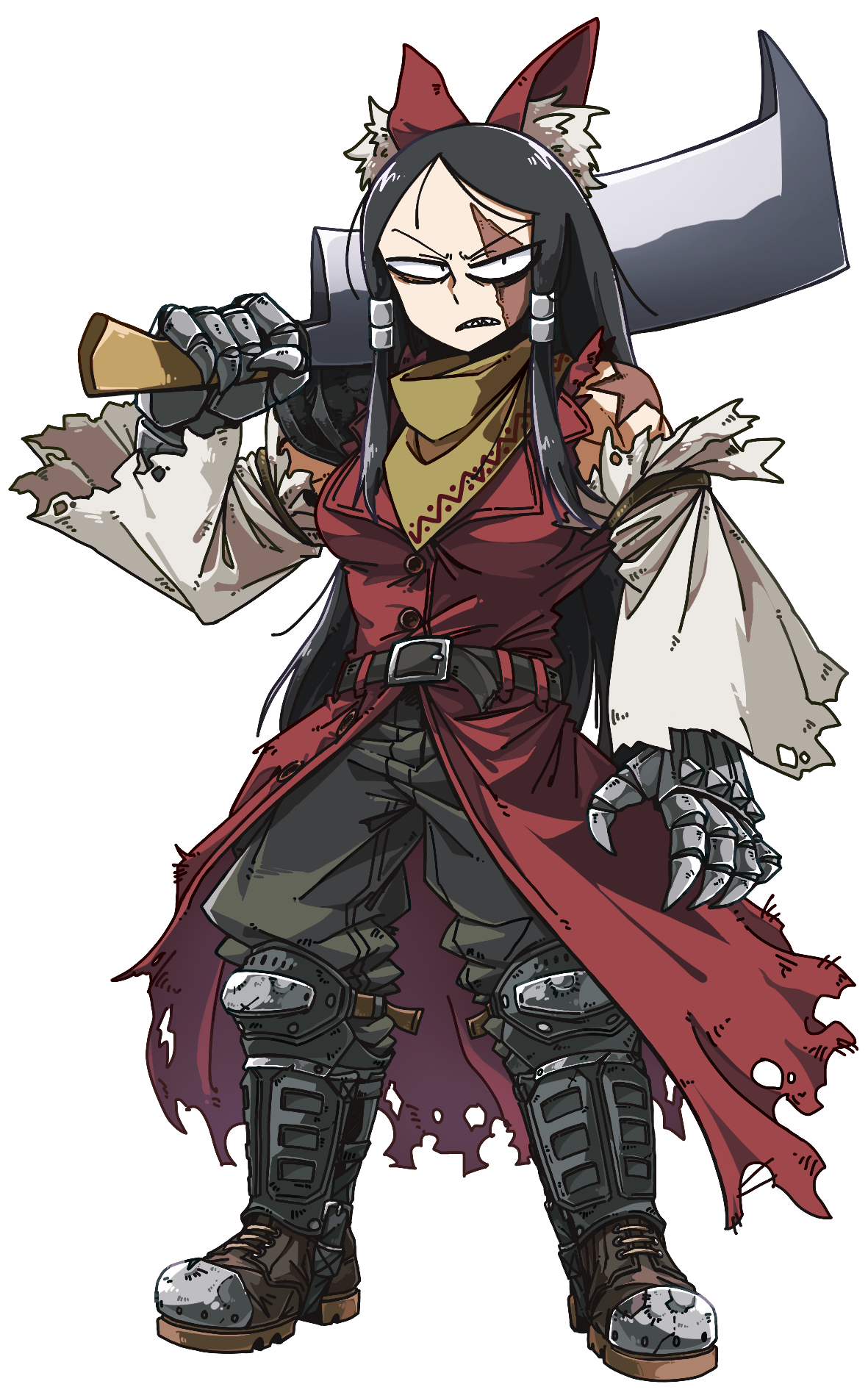 1girl amerika_zarigani armored_boots bags_under_eyes bandana belt black_belt black_hair black_pants boots breasts burn_scar buttons cleaver coat constricted_pupils cookie_(touhou) detached_sleeves full_body gauntlets glaring hakurei_reimu highres holding holding_sword holding_weapon large_breasts long_hair looking_at_viewer pants red_coat scar scar_across_eye scar_on_face sharp_teeth sidelocks simple_background solo standing swept_bangs sword teeth torn_clothes torn_coat torn_sleeves touhou transparent_background v-shaped_eyebrows weapon white_sleeves yellow_bandana yuki_haruka