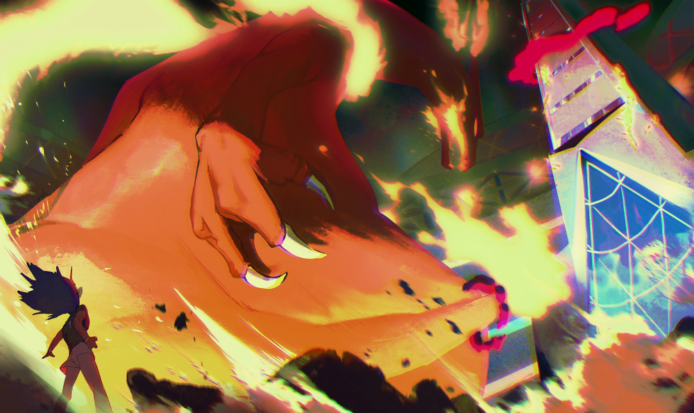 1boy blurry champion_uniform charizard claws commentary_request duraludon fire flame-tipped_tail floating_hair gen_1_pokemon gen_8_pokemon giant gigantamax gigantamax_charizard gigantamax_duraludon kmtk leon_(pokemon) long_hair looking_up nintendo pokemon pokemon_(creature) pokemon_swsh purple_hair shirt shorts stadium tail white_legwear white_shorts